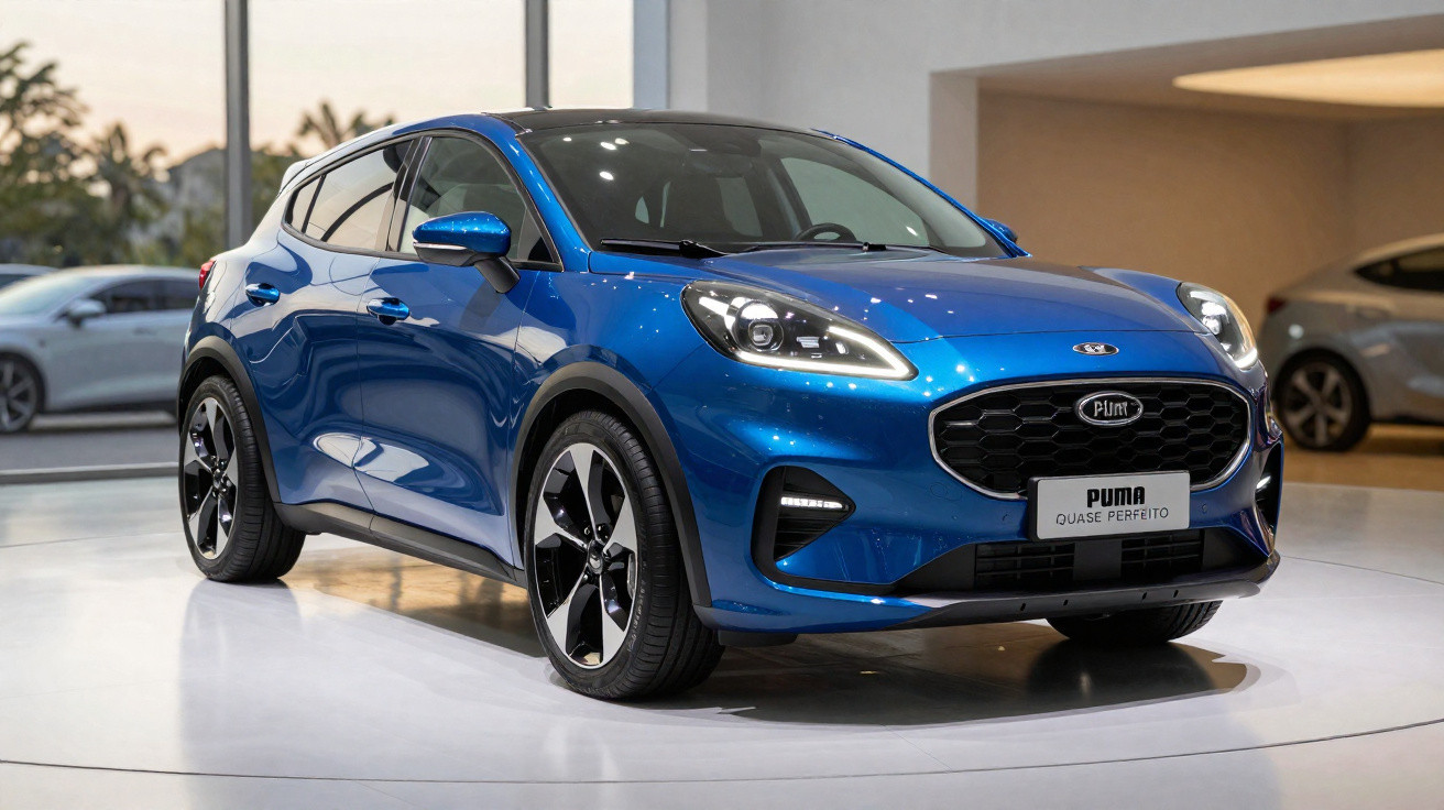 Carro azul Puma Quase Perfeito em exposição interna com rodas esportivas e design moderno.