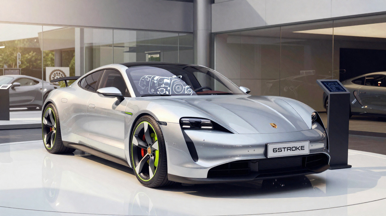 Carro esportivo prata com detalhes verdes em exposição em showroom moderno e iluminado.