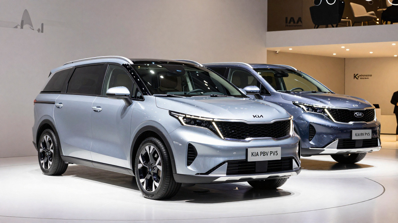 Dois carros Kia SUV em exposição, modelo PBV PV5 e PBV PV3, em ambiente interno com iluminação branca.
