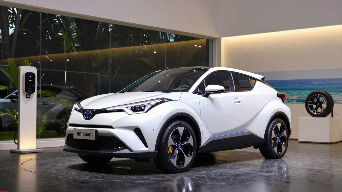 Carro elétrico branco Toyota Hatch Road em showroom moderno com estação de recarga ao lado.