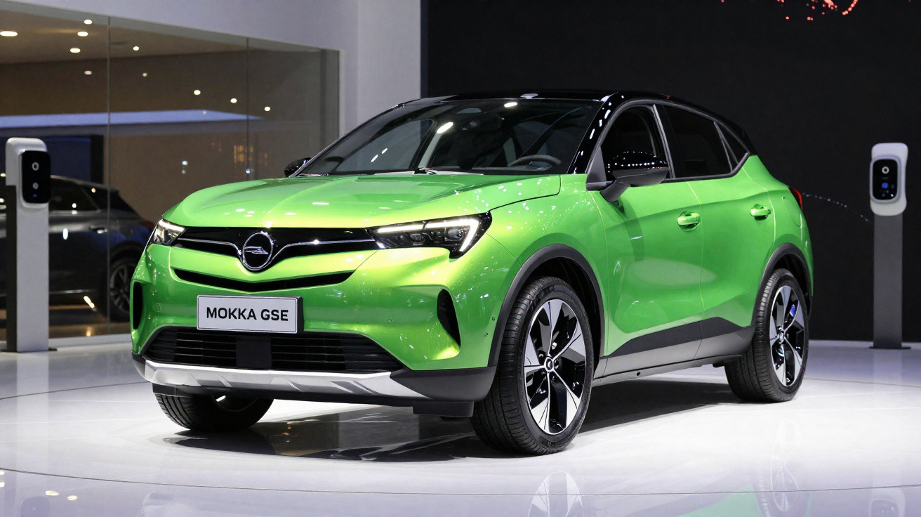 Carro SUV compacto verde modelo Mokka GSE elétrico exposto em salão automotivo.