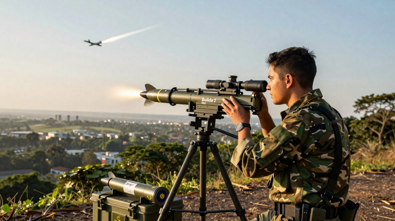 Soldado em uniforme camuflado operando sistema antiaéreo em área elevada com avião ao fundo.