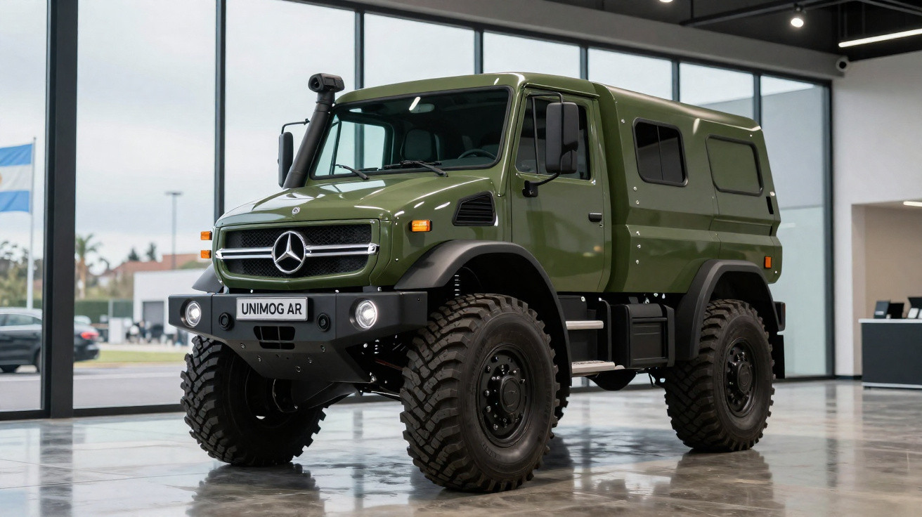 Caminhão off-road verde Mercedes-Benz Unimog AR em showroom com pneus grandes e carroceria fechada.