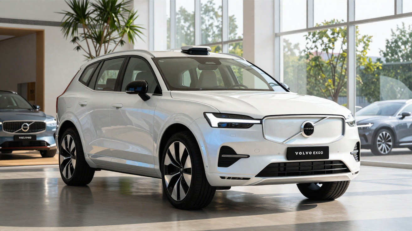 Carro elétrico branco Volvo EX90 em showroom moderno com janelas grandes e carros ao fundo.