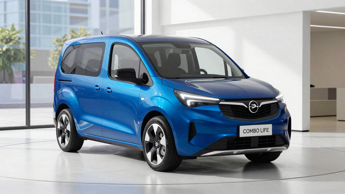 Veículo familiar compacto azul em ambiente interno com janelas grandes ao fundo, modelo Opel Combo Life.