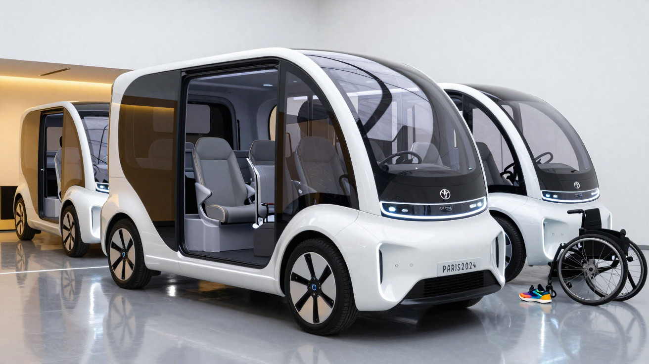 Veículos elétricos futuristas da Toyota com design compacto e acessibilidade para cadeirantes em ambiente interno.