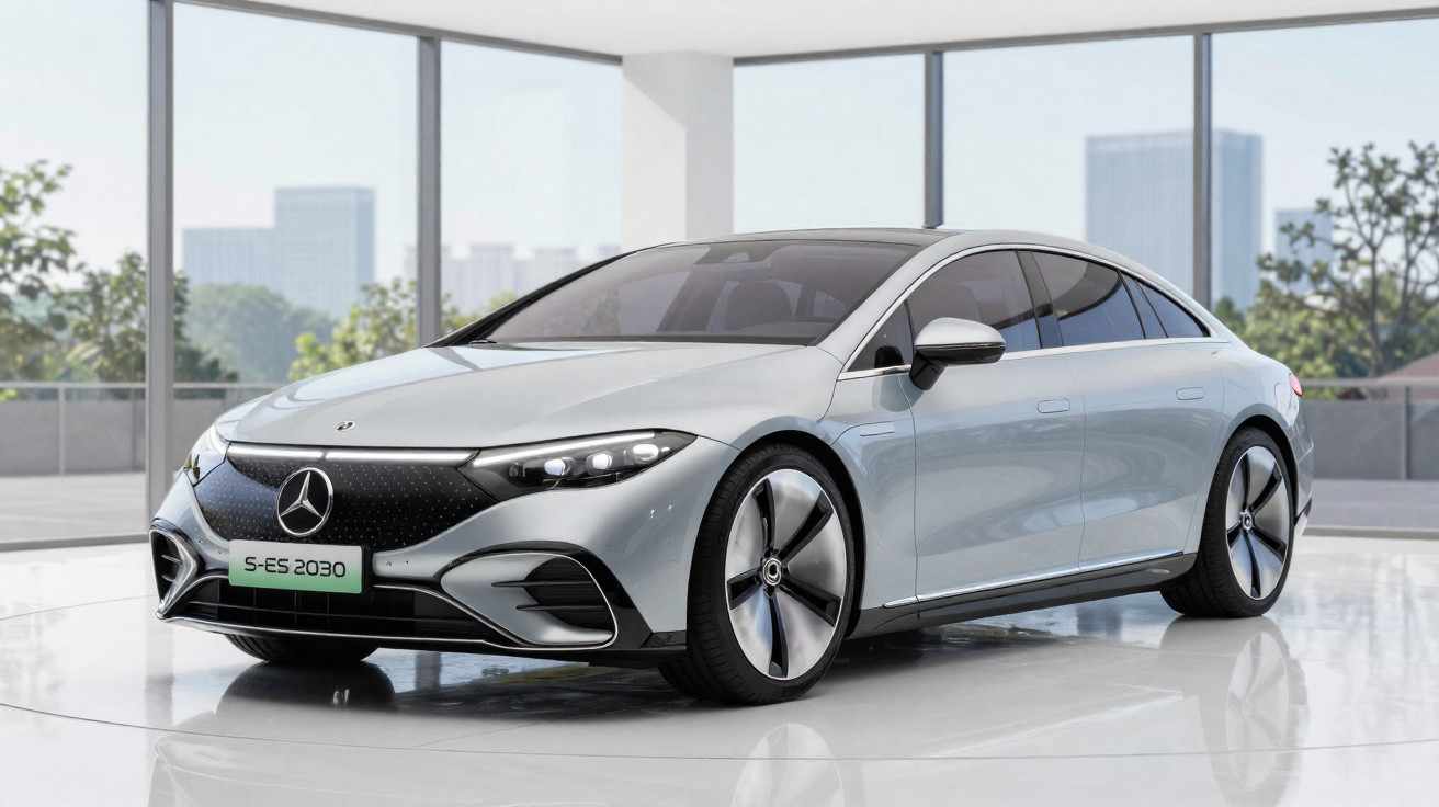 Carro elétrico Mercedes-Benz S-ES 2030 prata exibido em ambiente interno moderno com janelas grandes.