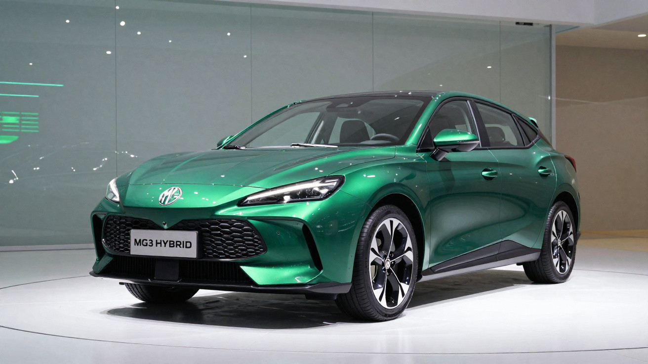 Carro híbrido MG3 verde exibido em ambiente interno com iluminação branca.