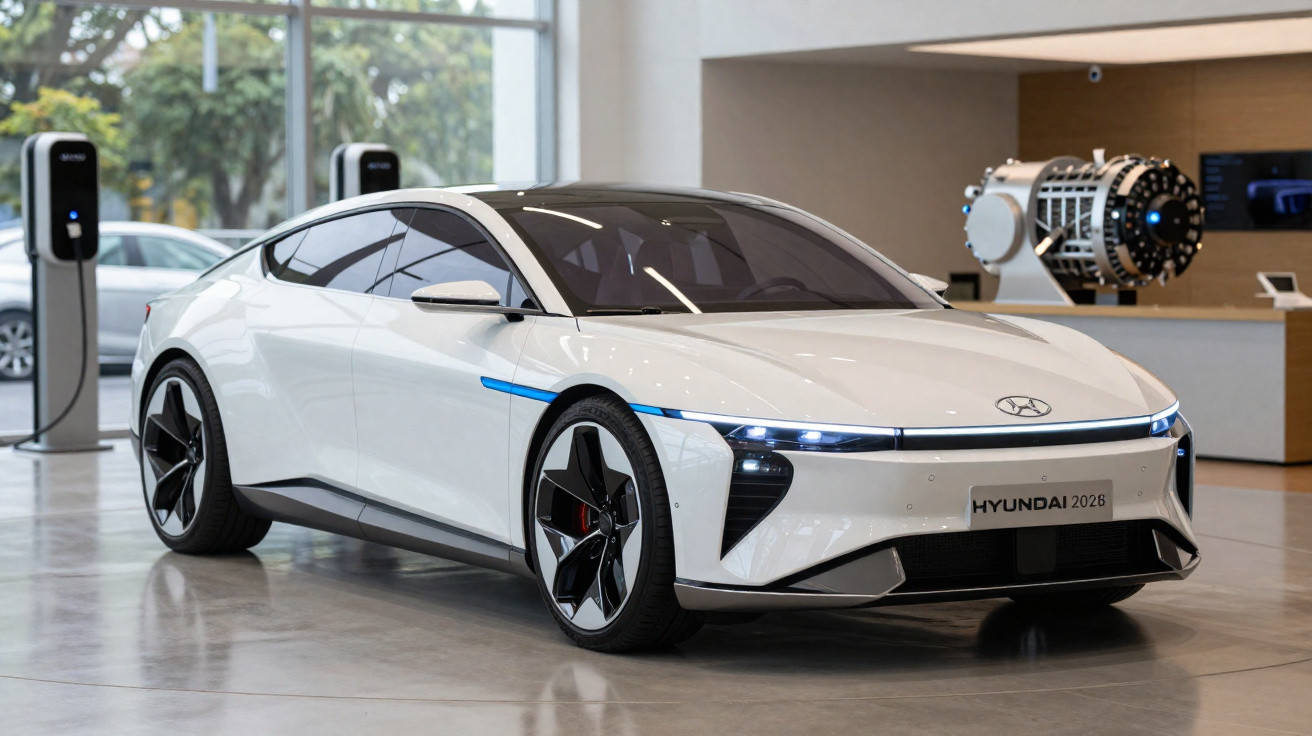 Carro elétrico Hyundai 2026 branco estacionado em salão com carregadores ao fundo.