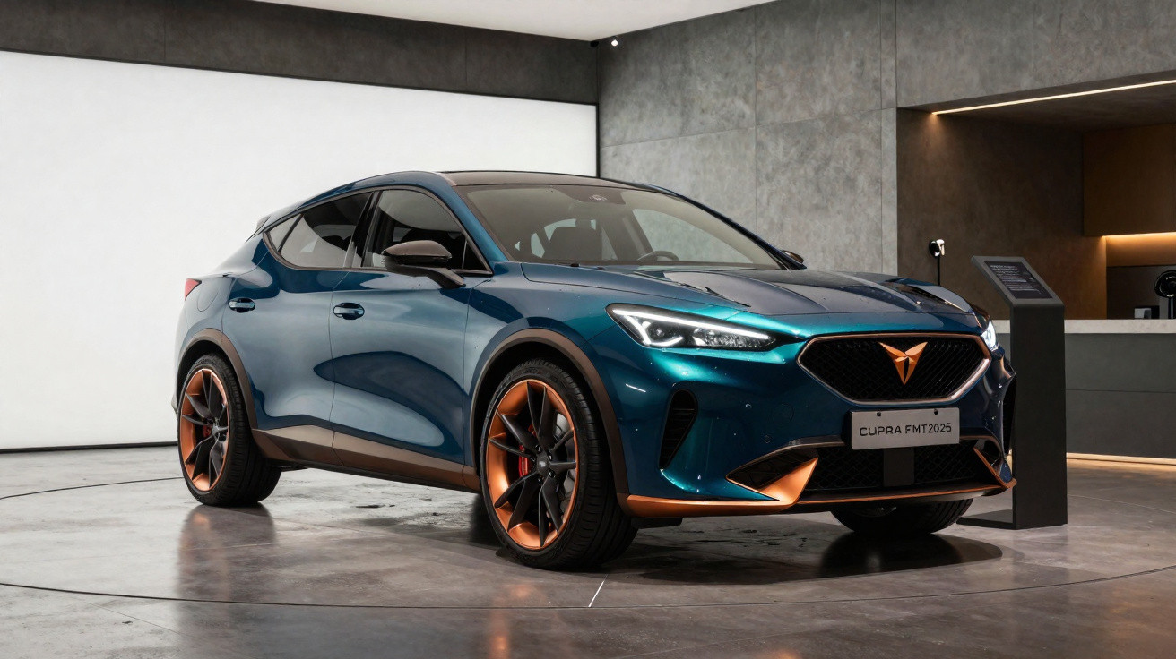 Carro elétrico Cupra Formentor 2025 azul com detalhes em cobre em exposição interna moderna.