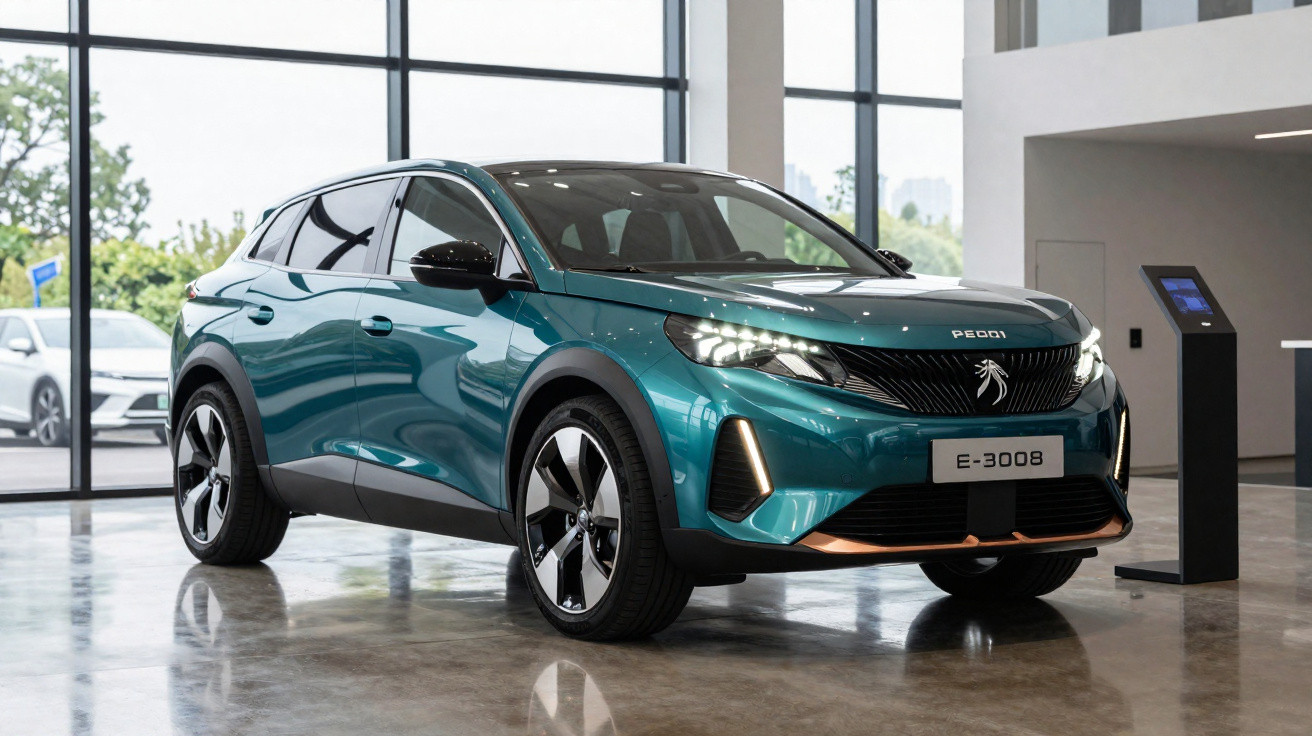 Carro elétrico Peugeot E-3008 azul exibido em showroom moderno com piso espelhado e iluminação natural.