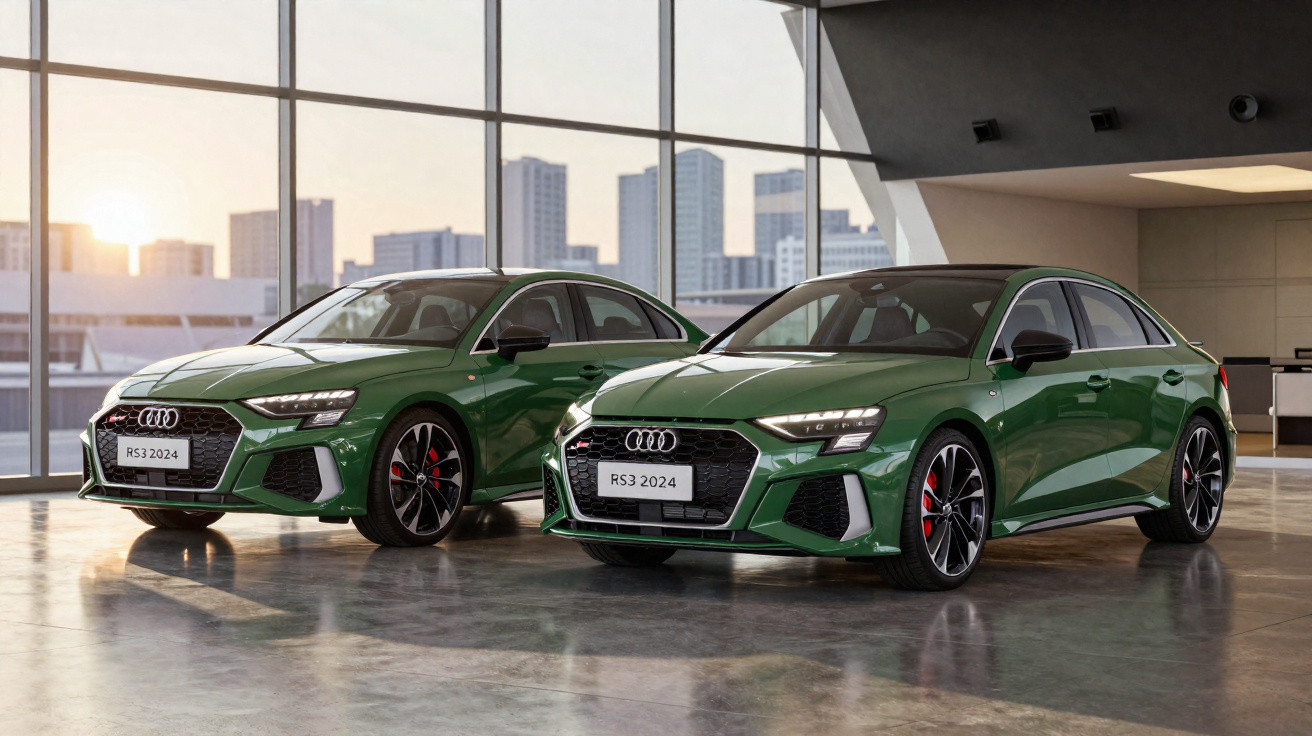 Dois carros verdes Audi RS3 2024 estacionados lado a lado em ambiente interno com janelas grandes.