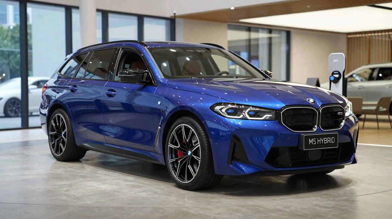 Carro BMW M5 Hybrid azul estacionado em showroom moderno com piso cinza e paredes de vidro.