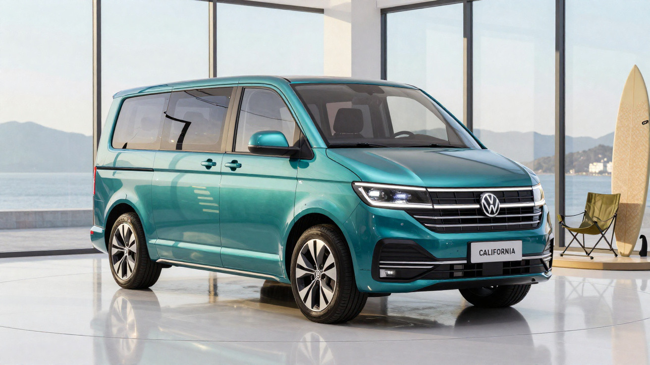Van Volkswagen California azul estacionada em ambiente interno com vista para o mar ao fundo.