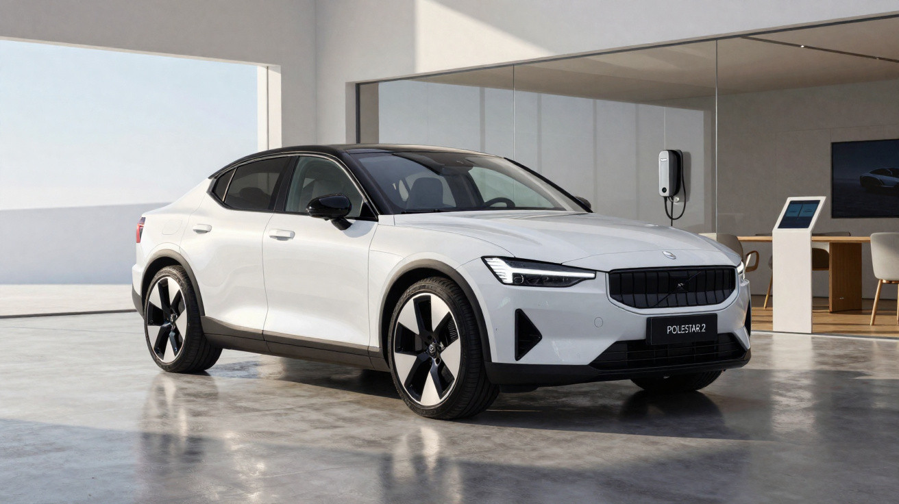 Carro elétrico branco Polestar 2 estacionado em showroom moderno com parede de vidro e estação de recarga.