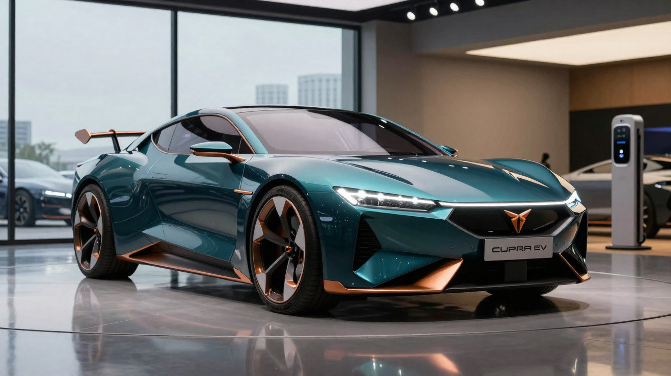 Carro esportivo elétrico verde e cobre, modelo Cupra EV, em showroom moderno com piso refletivo.