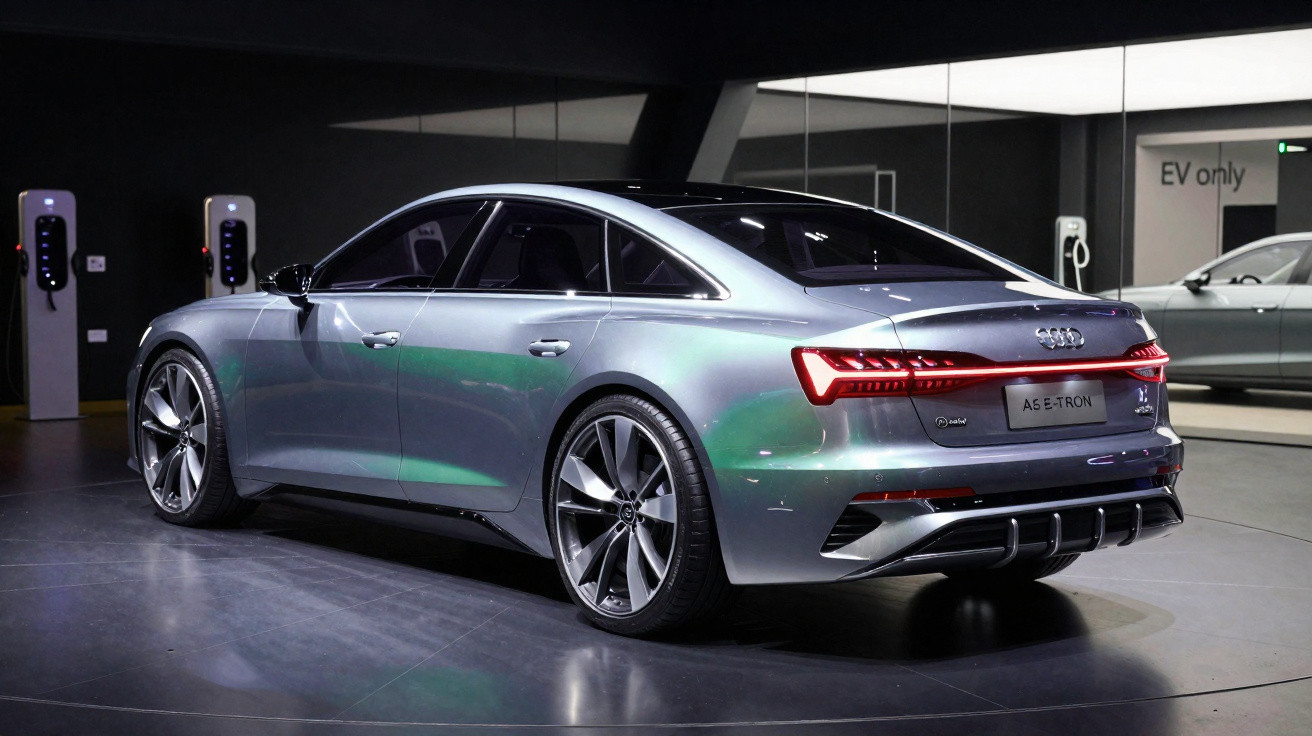 Carro elétrico Audi A6 e-tron prata exposto em showroom moderno com estação de carregamento ao fundo.