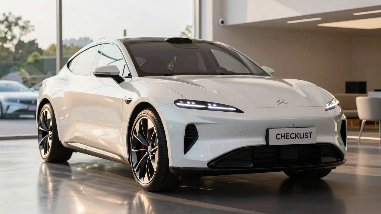 Carro elétrico branco moderno estacionado em ambiente interno com luz natural entrando pela janela.
