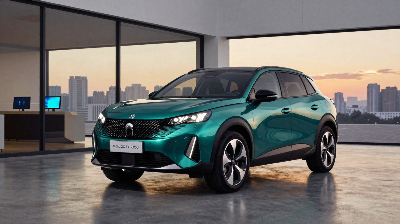 Carro SUV Peugeot e-308 verde metálico estacionado em garagem moderna com vista da cidade ao pôr do sol.