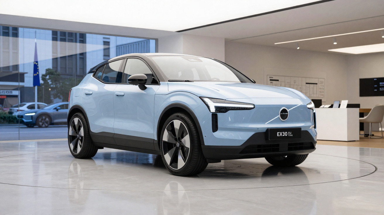 Carro elétrico Volvo EX30 azul claro em exposição interna com teto iluminado e piso de mármore.