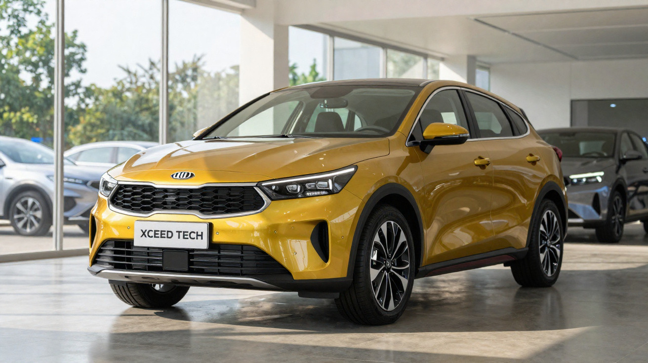 Carro SUV Kia Xceed Tech amarelo exibido em showroom com piso de concreto e outras motos ao fundo.