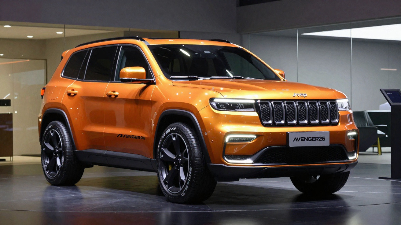 SUV Jeep Avenger26 na cor laranja metálico exposto em ambiente interno moderno.