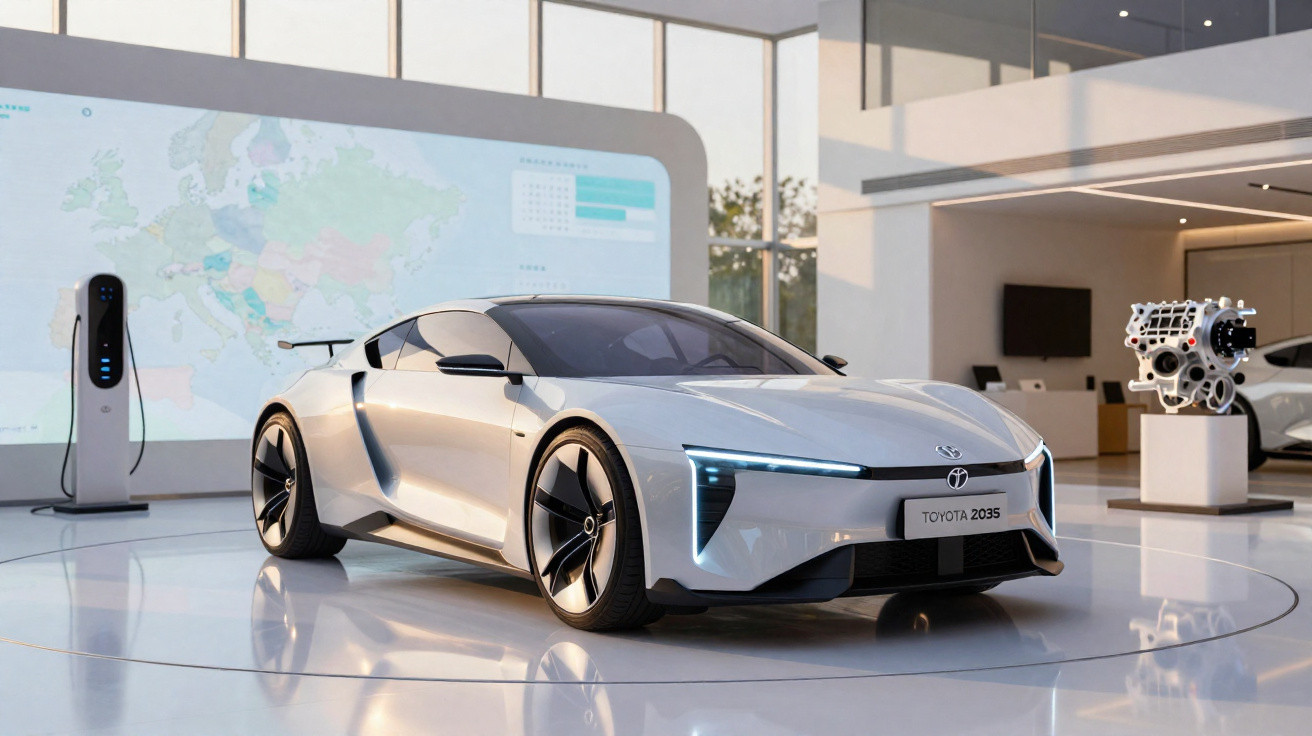 Carro esportivo elétrico branco Toyota 2035 exposto em ambiente moderno com carregador e motor em exibição.