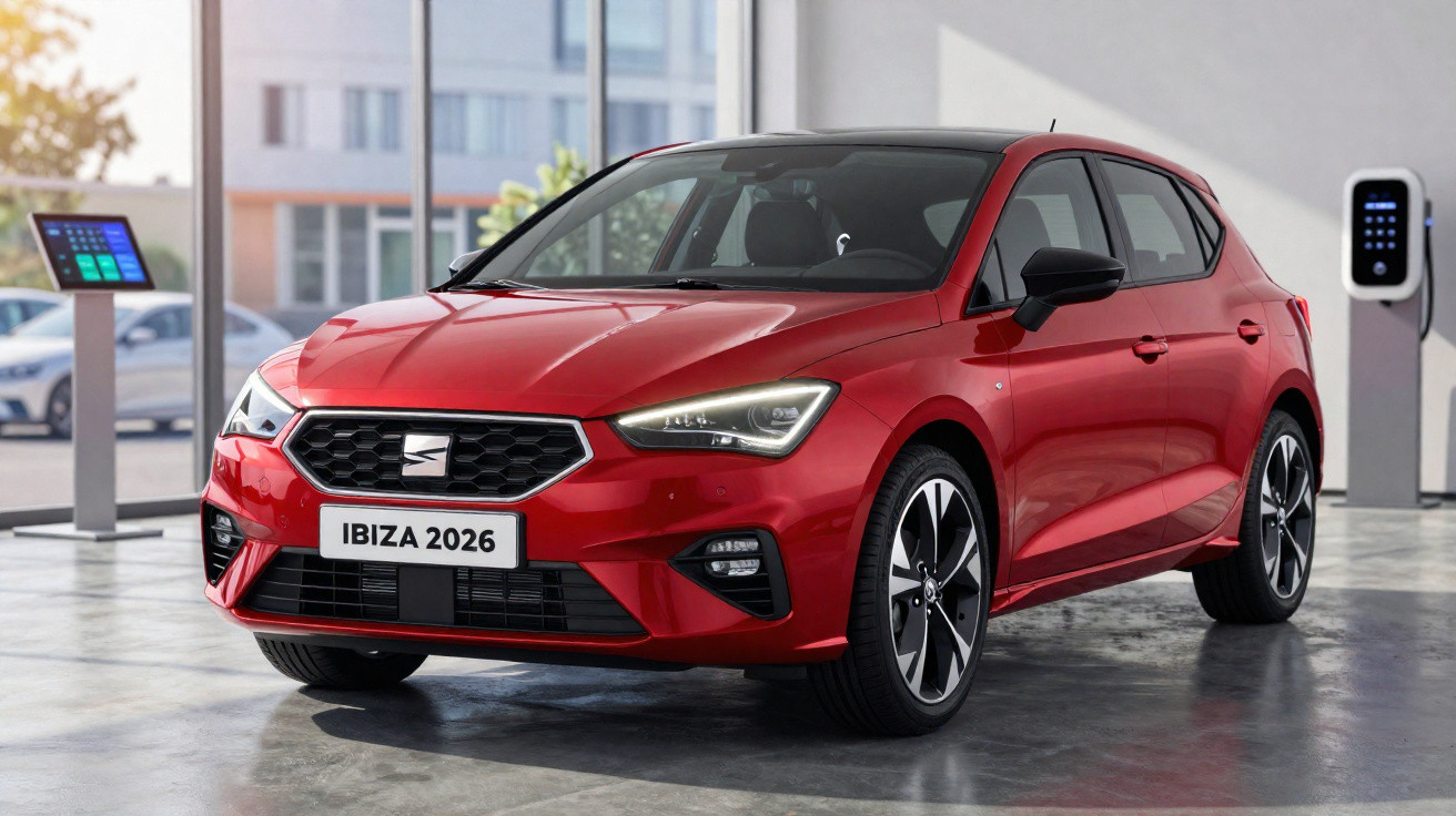 Carro vermelho Seat Ibiza 2026 estacionado em ambiente interno com estação de recarga ao fundo.