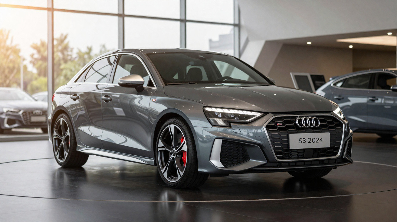 Carro Audi S3 cinza 2024 em exposição em ambiente interno com piso refletivo e janelas amplas.