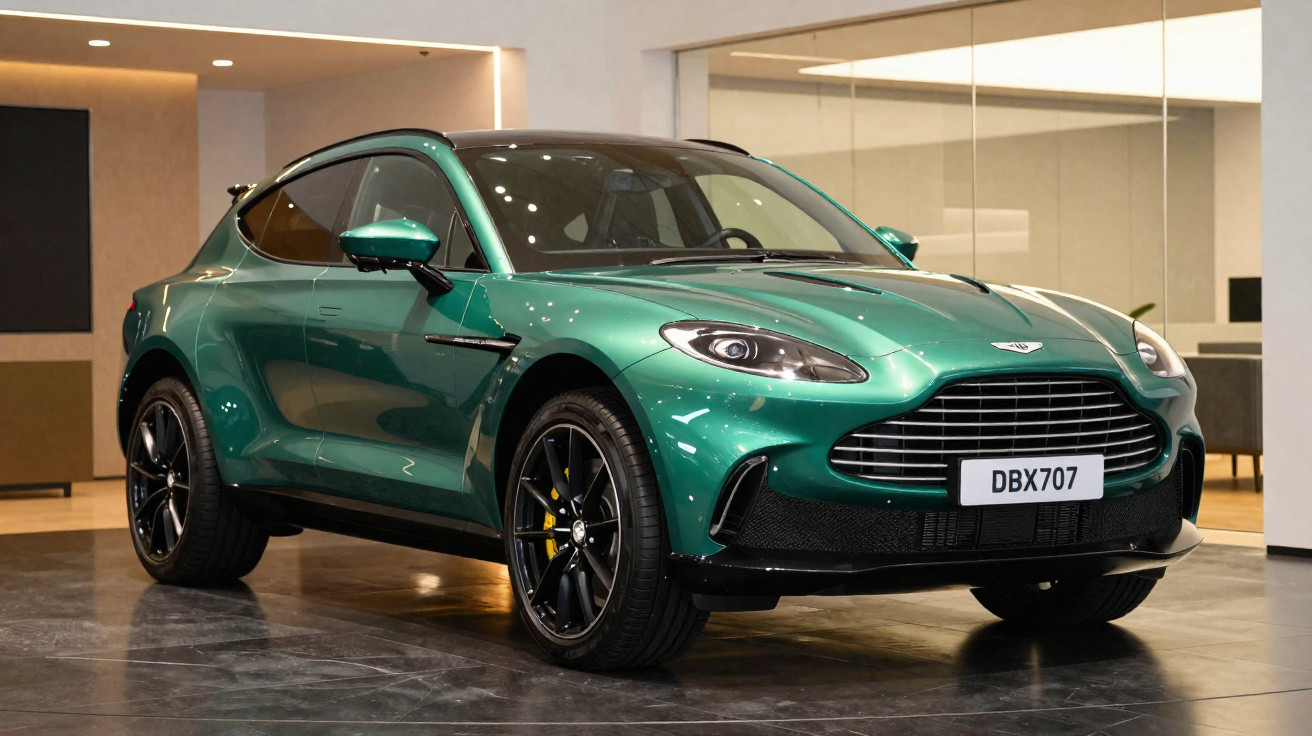 Carro esportivo SUV verde metálico Aston Martin DBX707 estacionado em showroom moderno.