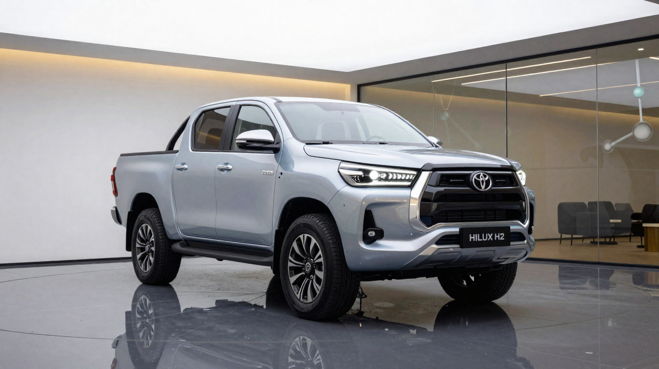 Picape Toyota Hilux H2 prata estacionada em piso brilhante dentro de showroom moderno com paredes claras.