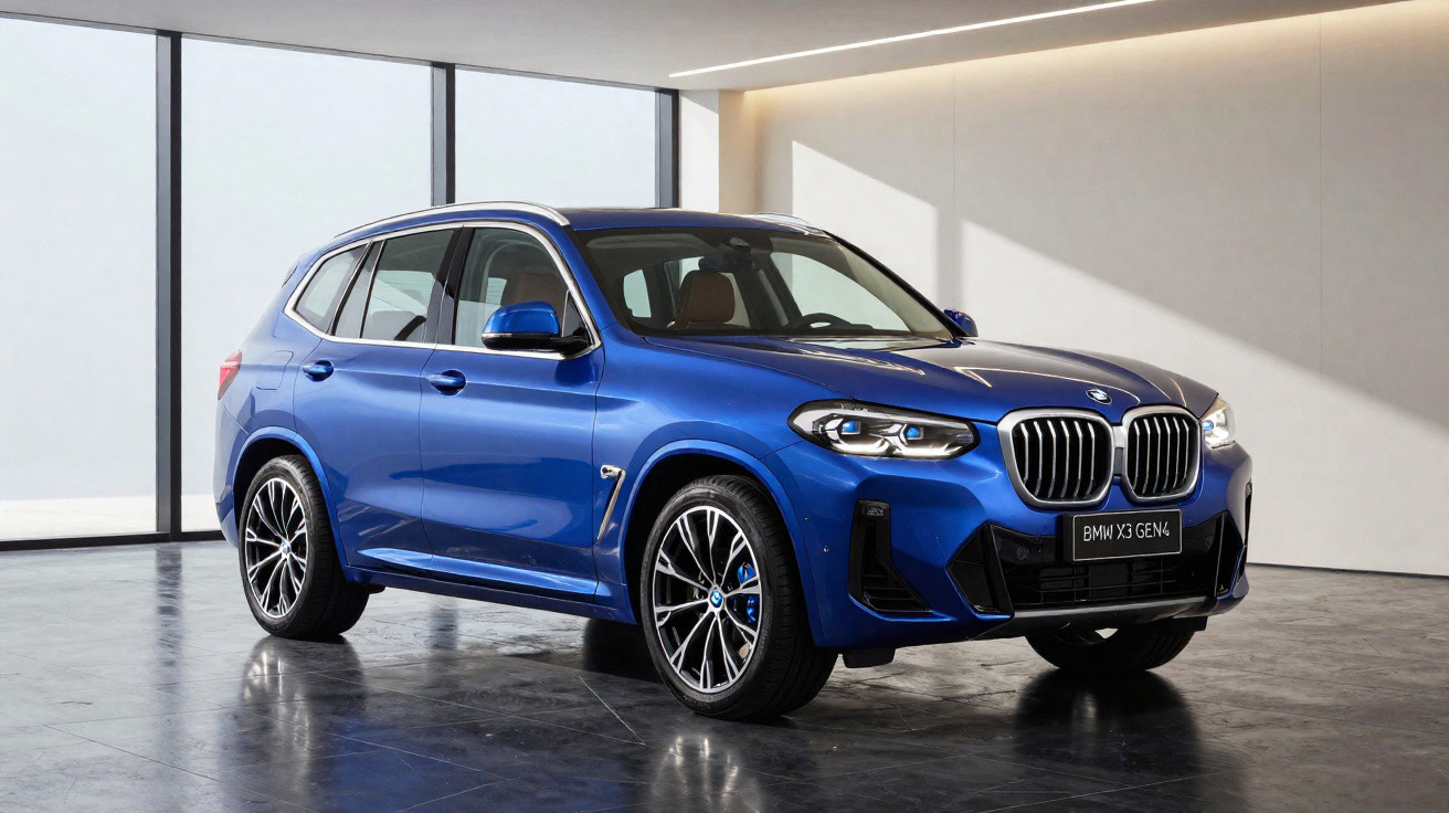 SUV BMW X3 azul estacionado em ambiente interno com piso de pedra e paredes claras.