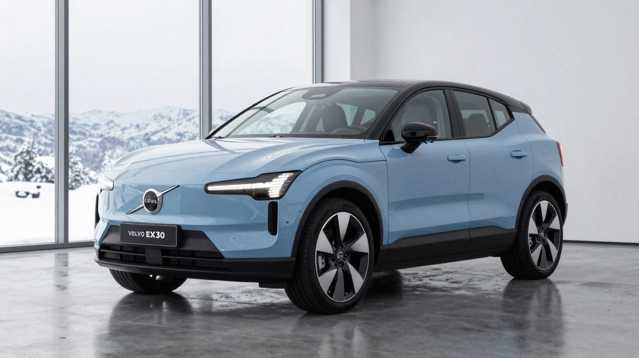 Carro elétrico Volvo EX30 azul claro estacionado em ambiente interno com janela e vista para montanhas nevadas.