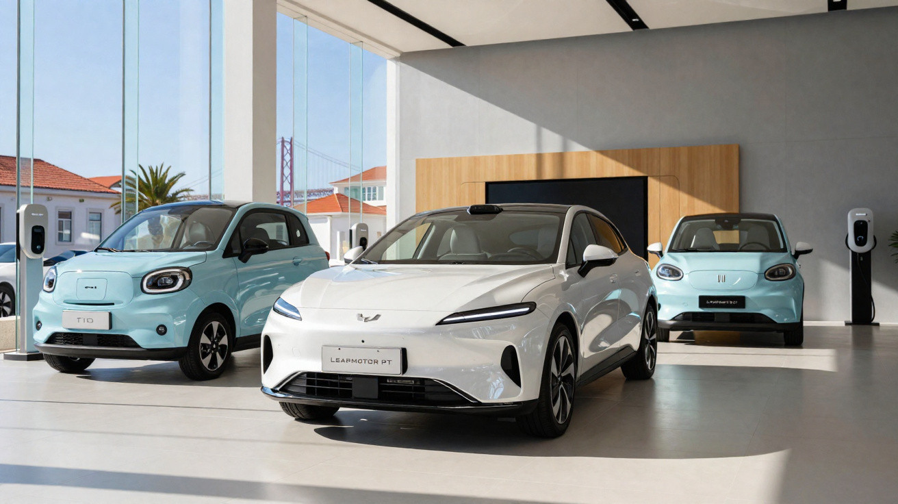 Showroom com três carros elétricos, dois azuis e um branco, estacionados em ambiente moderno e iluminado.