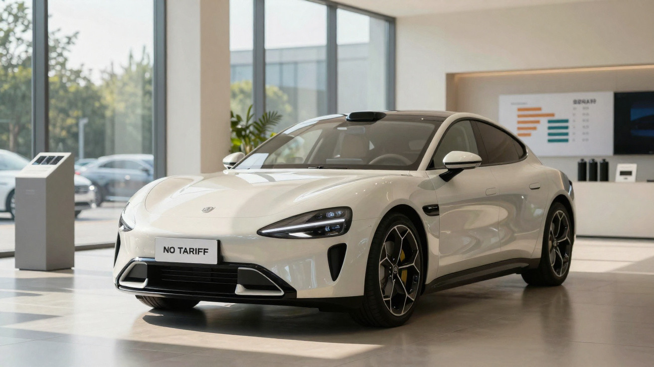 Carro esportivo elétrico branco exibido em showroom moderno com luz natural e grandes janelas de vidro.