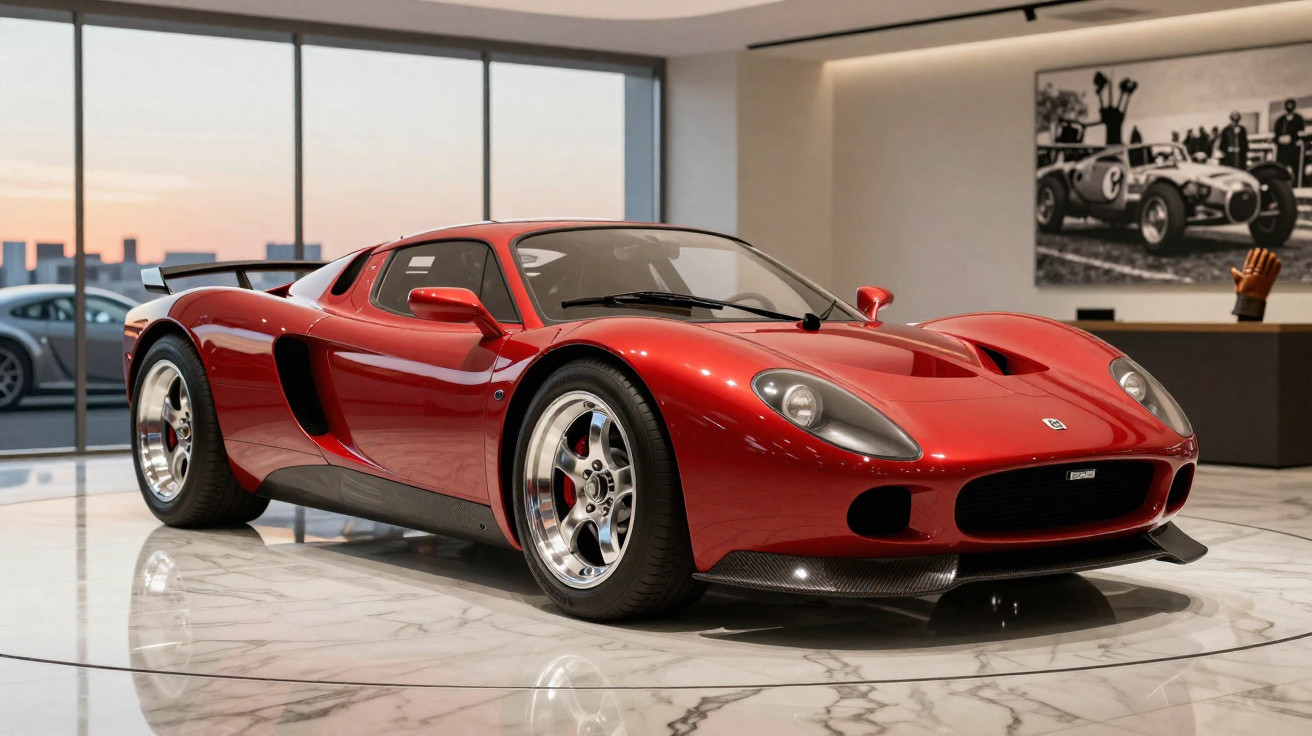 Carro esportivo vermelho com design clássico em exibição em ambiente moderno com piso branco e parede com foto preto e branco