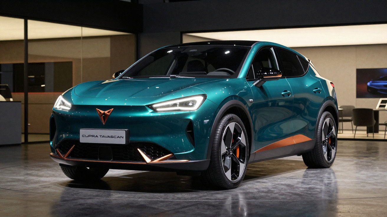 SUV elétrico verde Cupra Tavascán estacionado em ambiente interno moderno e iluminado.