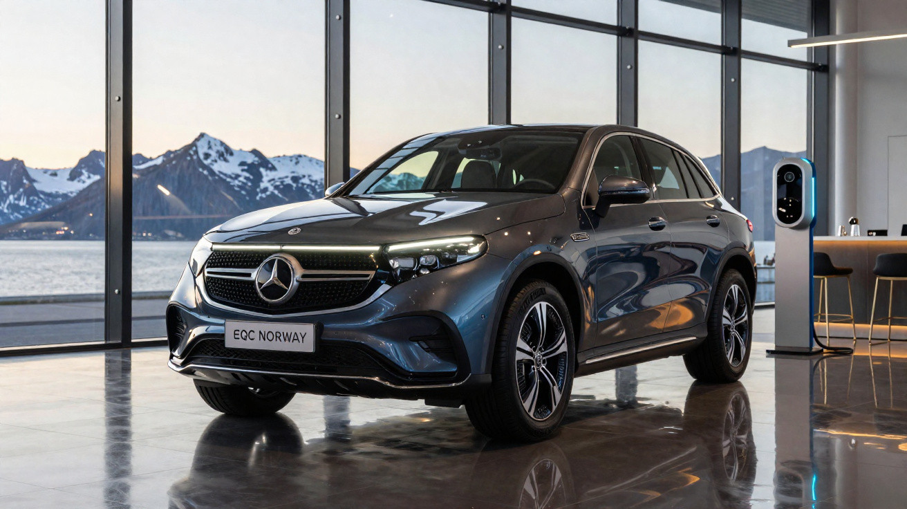 Carro SUV elétrico Mercedes-Benz EQC estacionado em salão com janelas grandes e vista para montanhas nevadas.