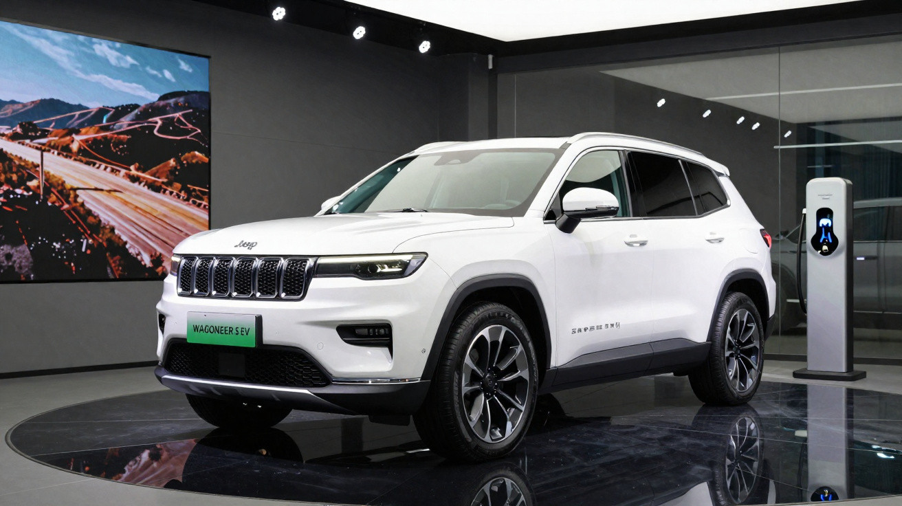 Carro SUV branco Jeep Wagoneer 5EV exposto ao lado de estação de recarga elétrica em ambiente interno.