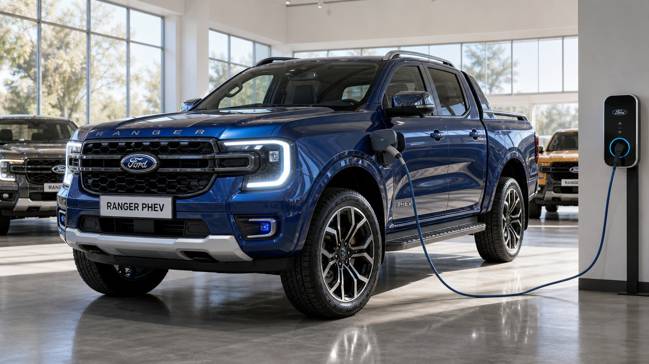 Picape Ford Ranger PHEV azul conectada a carregador em showroom moderno e iluminado.