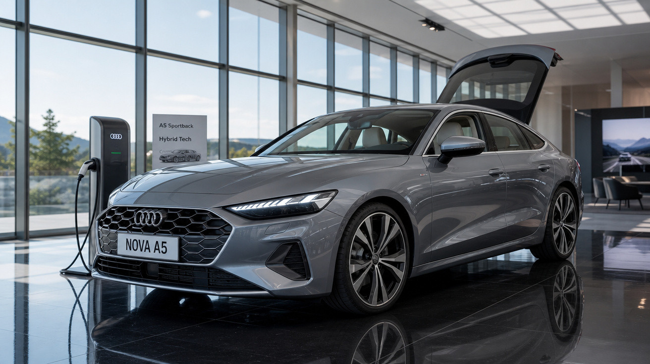 Carro Audi Nova A5 híbrido cinza carregando em estação de recarga em ambiente moderno.