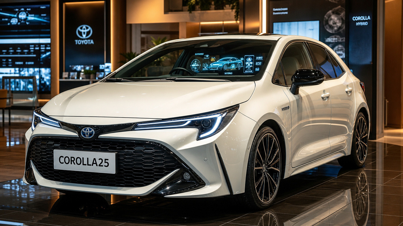 Carro branco Toyota Corolla 25 híbrido exibido em showroom moderno com iluminação quente.