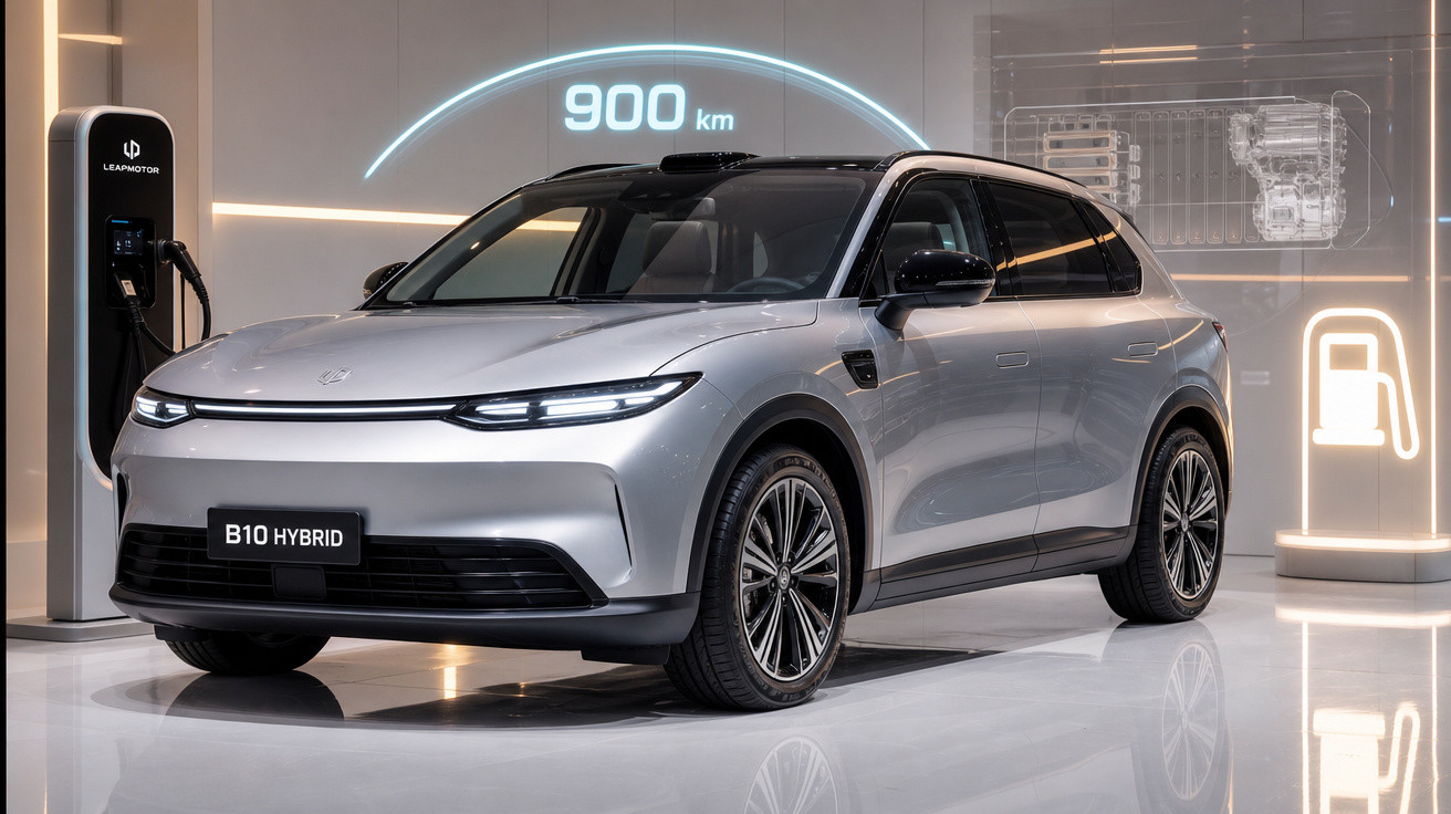 Carro elétrico cinza prata B10 Hybrid estacionado em showroom moderno com estação de recarga e painel digital.