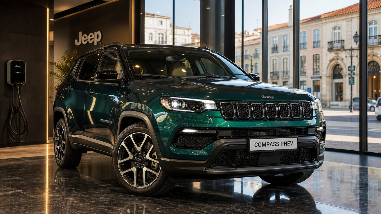 SUV Jeep Compass PHEV verde em showroom moderno com vidros grandes e iluminação sofisticada.