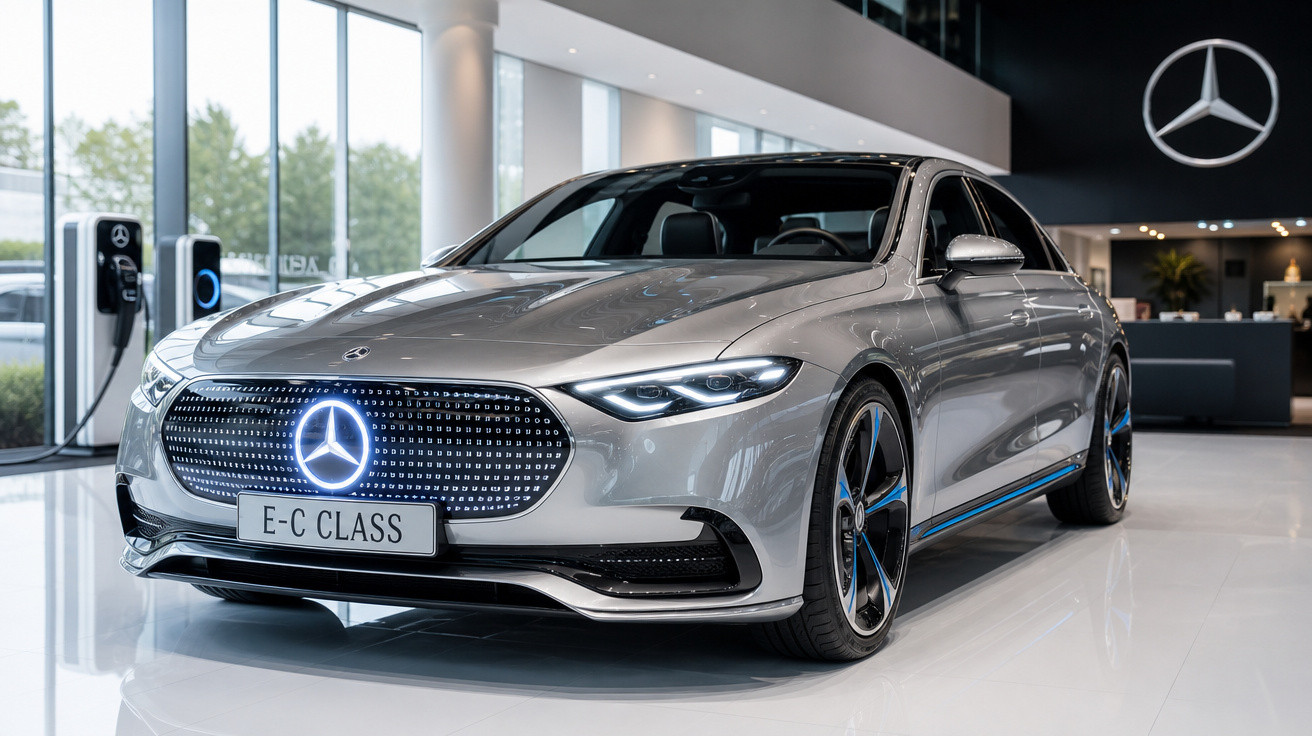 Carro elétrico Mercedes-Benz E-C Class prata em exposição em showroom moderno e iluminado.