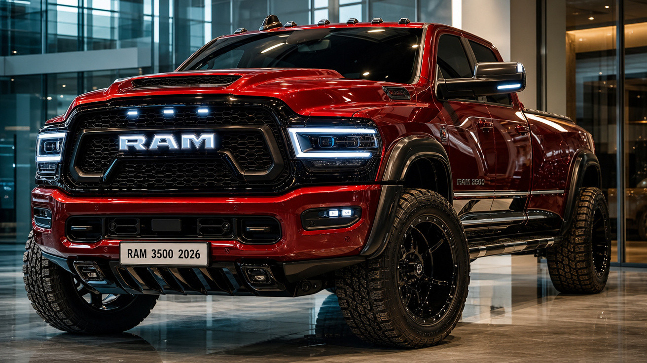 Picape vermelha RAM 3500 2026 exibida em showroom moderno com iluminação ambiental.