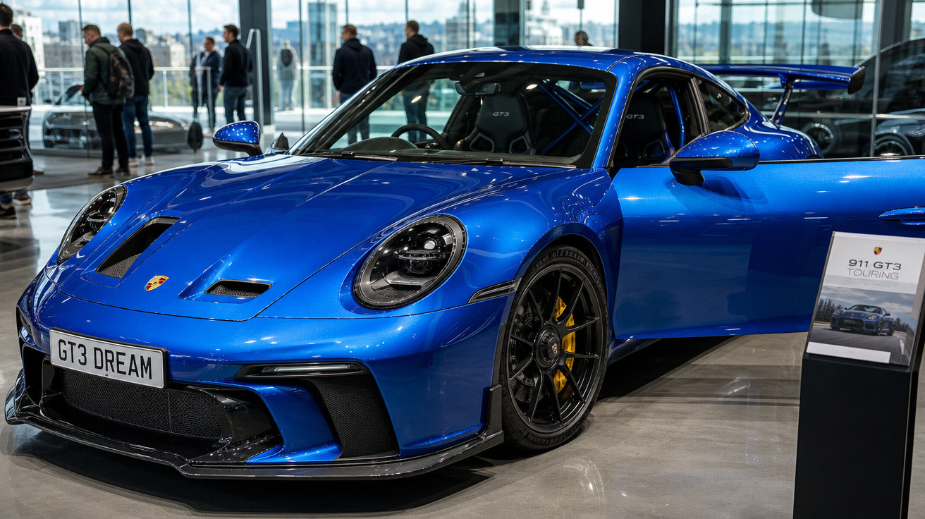 Porsche 911 GT3 azul em exposição com porta aberta em showroom moderno e pessoas ao fundo.