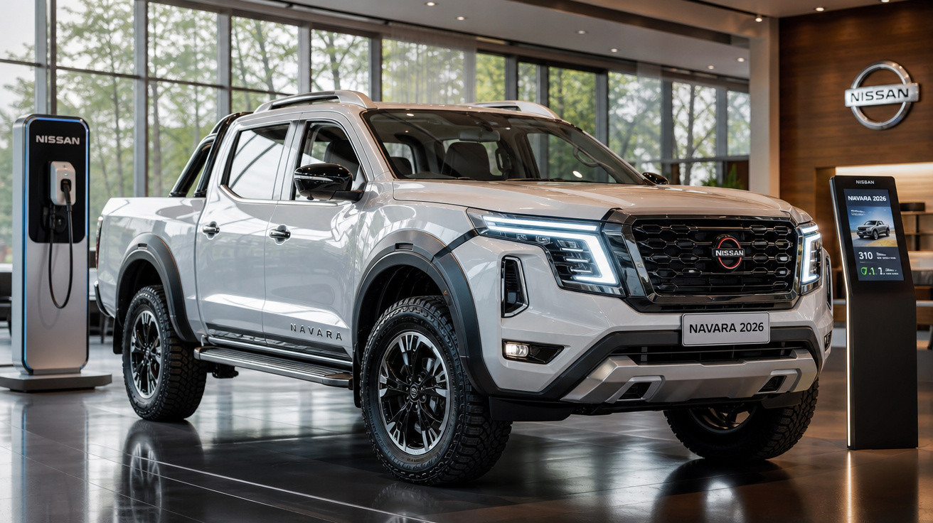 Picape Nissan Navara 2026 branca em showroom com estação de recarga elétrica ao lado.