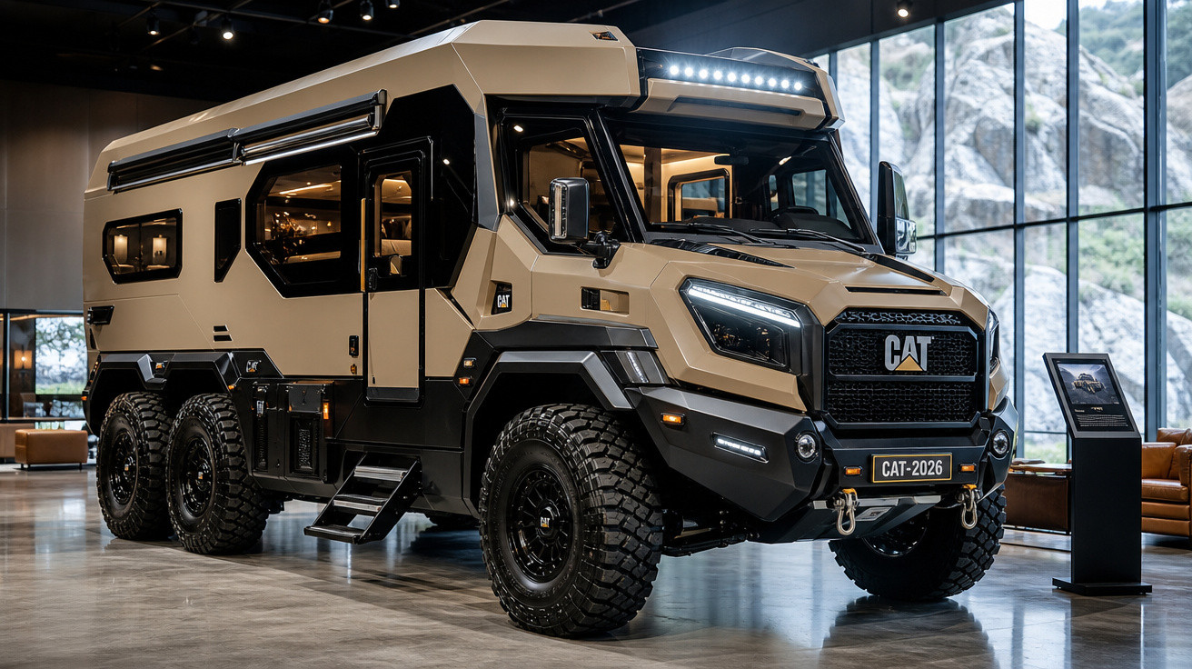 Veículo off-road Caterpillar 6x6 tanque bege e preto, exibido em espaço interno moderno com janelas grandes.
