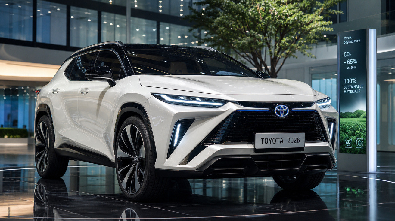 Carro SUV branco da Toyota 2026 exibido em ambiente interno moderno com painel digital ao lado.